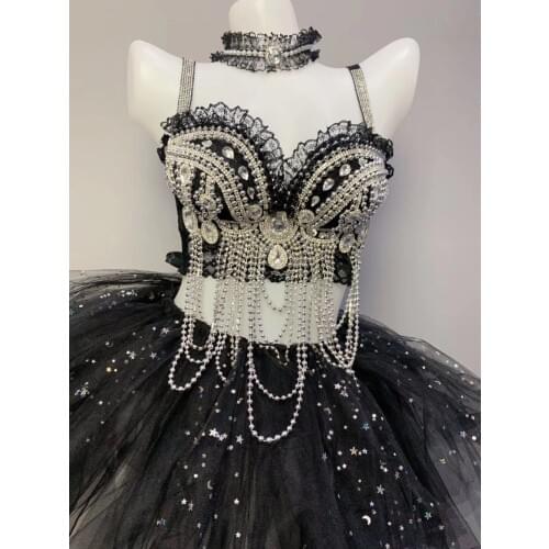 2019 Silver Rhinestones Beading Black Lace Bra Tutu Skirt Womens Evening Dance Female Singer Nightclub Bar Outfit Set