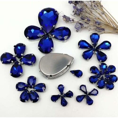 35pcs8Sizes MIX Sapphire blue DR shape Crystal Glass Sew-on Rhinestones Silver Bottom DIY Mobile phone shell and Wedding dress