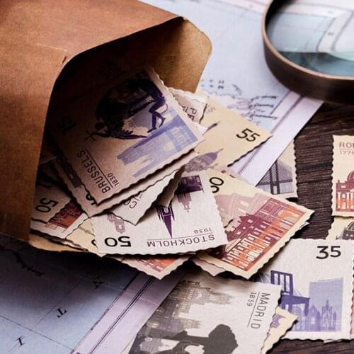46pcs Classic Stamp Collection Stickers 44mm Vintage Commemorative Stamps City Decorative Sticker For Scrapbooks Kids Gift H6418