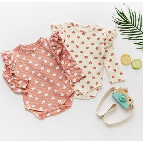 Newborn Baby Girl Romper Infant Heart Jumpsuit Spring Autumn Toddler Knitted Clothes Ribbed Cotton Long Sleeve Ruffles Outfits