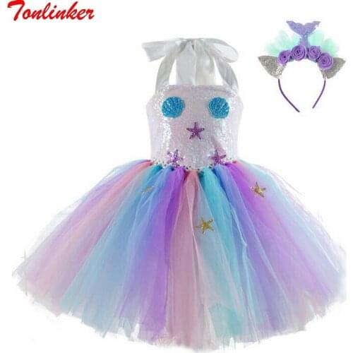 Girls Dress Mermaid Costume Fancy Up Christmas Kids Shell Sequin Rainbow Tutu Birthday Party Dresses Princess Cosplay Costumes
