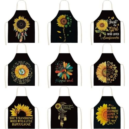 Sunflower Pattern Apron Skin-friendly Breathable Cotton Flax Cooking Apron for Dishwashing Cotton and linen apron