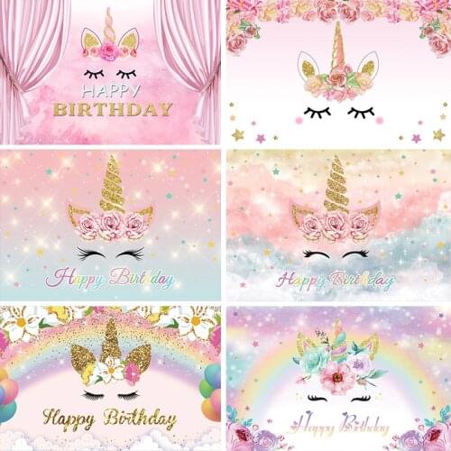 Laeacco Unicorn Birthday Party Backdrop Pink Curtain Baby Flower Child Family Party Portrait Photography Background Photo Studio