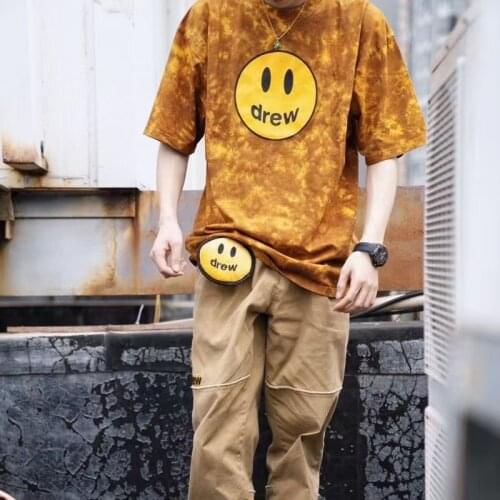 DREW T Shirt Summer 100% Cotton Men O-neck T-shirt Male Womens tshirt Short Sleeve Tops HOUSE JUSTIN Brand Smiley Tie Dye
