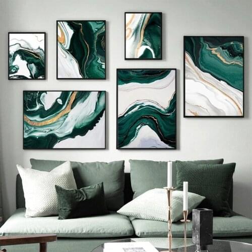 Modern Abstract Gold Foil Lines Green Canvas Art Painting Posters and Wall Art Prints Living Room Bedroom Home Decoration