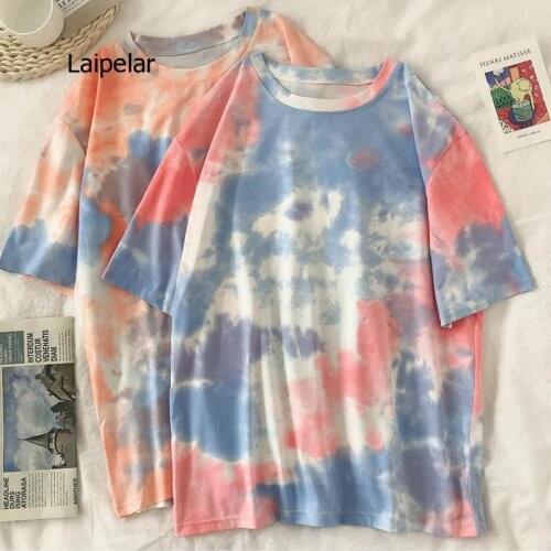 Short Sleeve T-shirts Women Tie-dye O-neck Chic Plus Size 2XL Oversize Teens Womens Harajuku High Street Tops