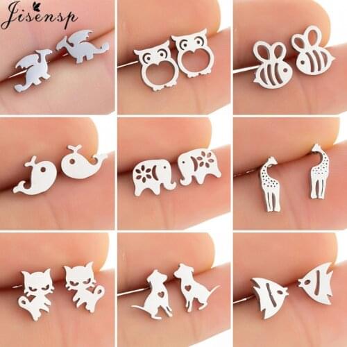 Tiny Stainless Steel Animal Stud Earrings for Women Kids Lovely Giraffe Fish Bee Cat Dog Earings Fashion Jewelry Best Friend Gif