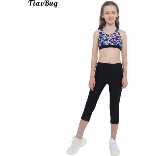 TiaoBug Summer 2Pcs Kids Girls Printed Sport Suit Sportwear U Neck Sleeveless Tank Top Mesh Patchwork Leggings Sets
