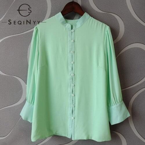 SEQINYY Summer Shirt New Fashion Design Women Runway Pure Color 3/4 Sleeve High Quality Top Casual