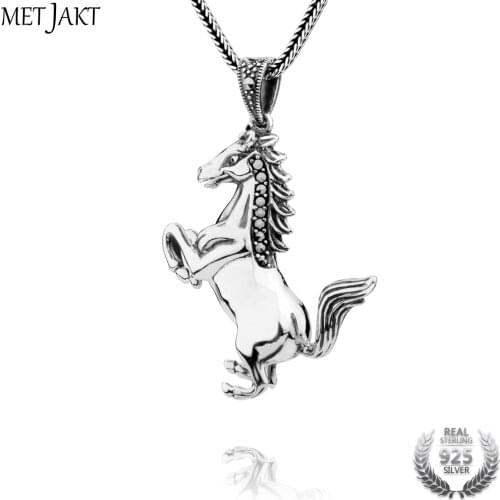 MetJakt Vintage 925 Sterling Silver Horse Pendant Necklace 925 Silver Snake Chain for Unisex Punk Jewelry