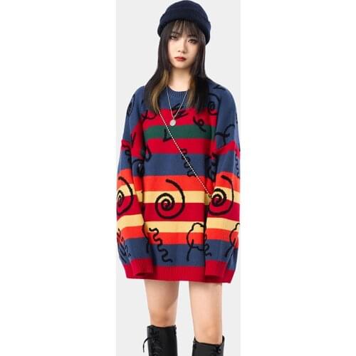 Hip Hop Rainbow Striped Sweaters Harajuku Hand Painted Graffiti Pullover Sweater 2020 Multicolor Color Block Sweater Men