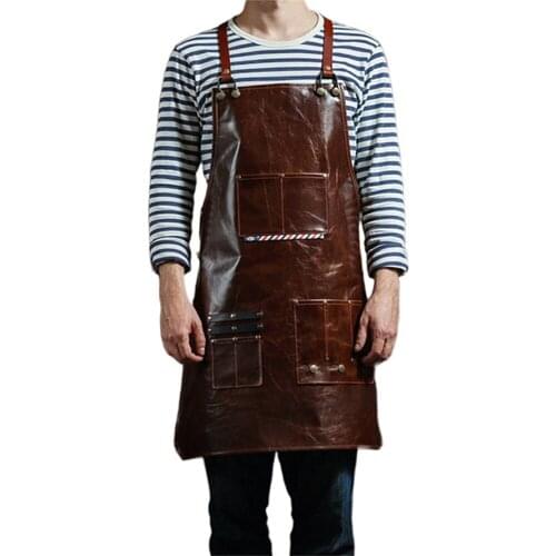 PU Mens High-grade Waterproof and Oil-proof Apron Roasting Barbecue Coffee Shop Chef Overalls Leather Apron