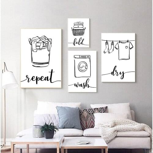 Wall Art Print Canvas Painting Nordic Poster Wash Dry Fold Repeat Laundry Sign Black White Pictures Bathroom Home Decor Modular