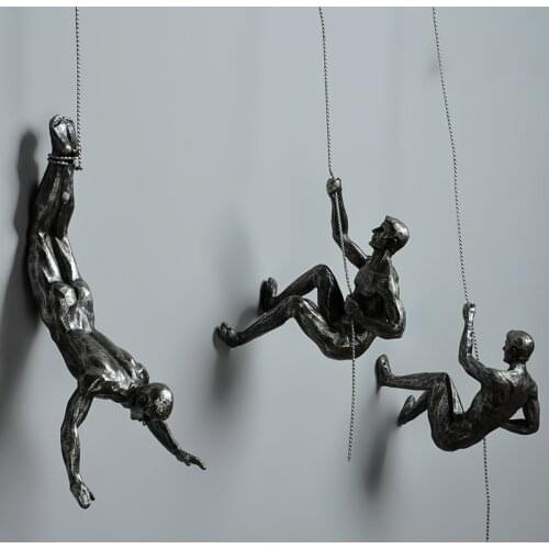Industrial Style Climbing Man Resin Iron Wire Wall Hanging Decoration Sculpture Figures Creative Retro Present Statue Decor
