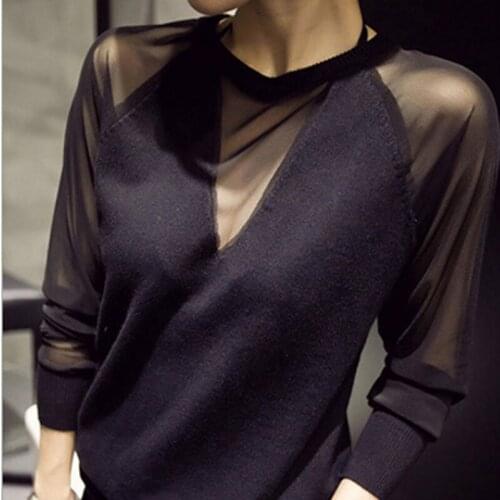Plus Size 3XL Womens Sexy Black Perspective Net Yarn Long Sleeve Blouse Fashion Slim Ladies Female Tops Tees