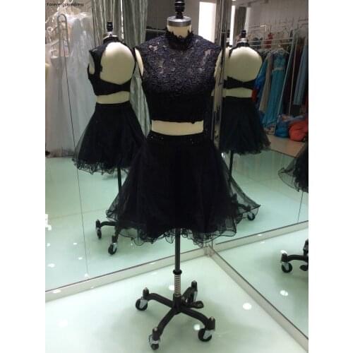 Real Photos Black Colour Short Mini Cocktail Dress New Design Two Pieces Lace High Neck Party Gown Custom Made Plus Size
