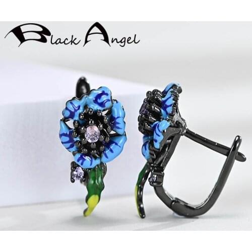 BLACK ANGEL 925 Sterling Silver Blue Enamel Cornflower Flower Gemstone Clip Earrings For Women Fashion Jewelry Christmas Gift