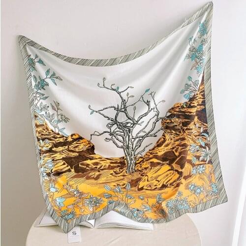 90cm Silk Scarf Women Flowers And Trees Print Manual Hand Square Scarves Spain Echarpes Foulards Femme Wrap Bandana Small Hijab