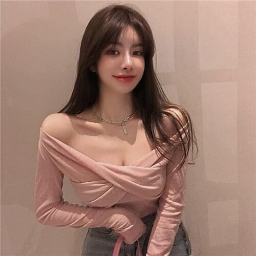 Spring and Autumn Sexy Cross V-neck Top Women Slim Long Sleeve T-Shirt Pure Color Knitted All-match Top