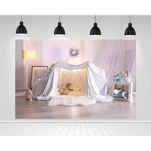 Scopiso Vinyl Indoor Baby Tent Photography Backdrop Carpet Wooden Floor Lamp Toy Bear Children Party Photo Background