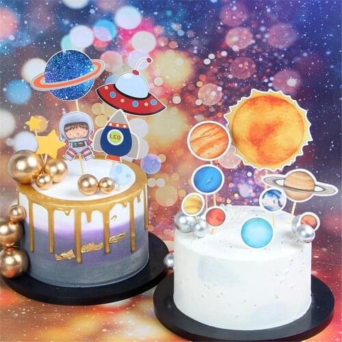 Universe UFO Rocket Astronaut Cake Toppers for Happy Birthday Decoration Childrens Day Party Lovely Gifts Supplies