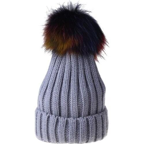 Adult Kids Winter Ribbed Knitted Beanie Hat with Detachable Colorful Pom Pom Windproof Ski Cuffed Skull Cap Ear Warmer