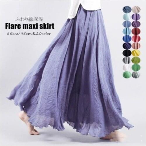 Vintage Linen Cotton Women Long Skirts Elastic Waist Pleated Beach Boho Summer Maxi Skirts Faldas Saia 121933WBA