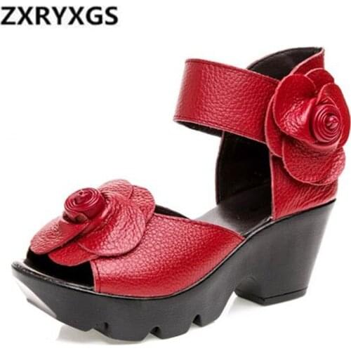 Promotion 2021 New Summer Women Sandals Flower Top Cowhide Leather Shoes Non-slip Comfortable Wedges Women Shoes Fashion Sandals