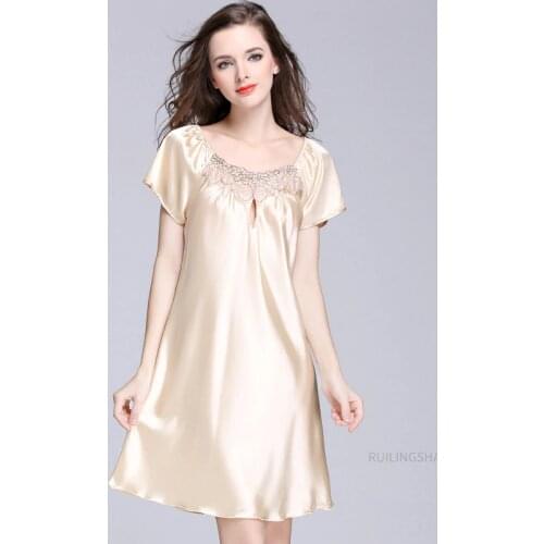 Women Summer Satin Silk Nightgowns Sleepshirts Sexy Plus Size Round Neck Night Gown Lace Embroidery Famale Homewear Lingerie