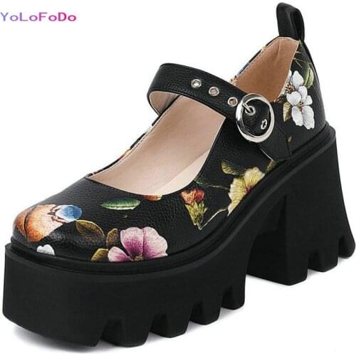 Black PU Leather Women High Heel Shoes Platform Square High Heel Women Pumps Buckle Flower Womens Shoes 2021 Motorcycle Shoes