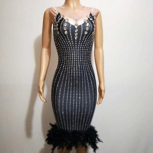 Women Sleeveless Birthday Celebration Sheath Dress Black Feather Rhinestones Cocktail Party Dress DJ Singer Dress Stage Outfits