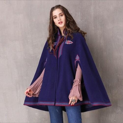 Brand womens 2021 winter clothing new woolen plate buckle embroidered cloak ethnic style loose woolen coat