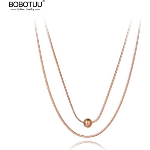 BOBOTUU Titanium Stainless Steel Double Layer Round Ball Choker Necklaces Jewelry Pendant Chain Necklace For Women BN20028