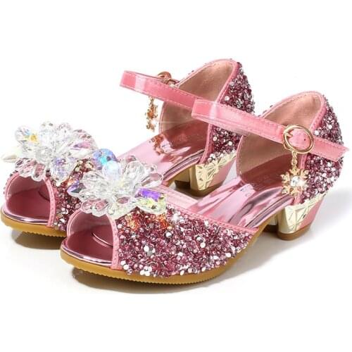 Girls Sandals Kids Summer Sandals Princess Sequins Bling Shiny Glitter Leather Rhinestone Children Dress Shoes High Heels 24-36
