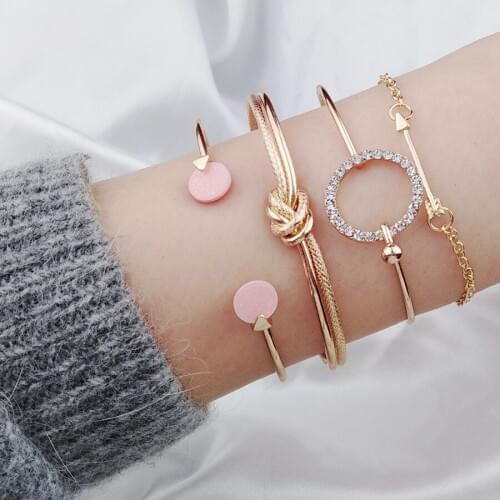4 Pcs/Lot Simple Metal Knotted Round Arrow Crystal Cuff Bracelet & Bangle Women Gold Color Bracelet Set Gift Pulseira Feminina