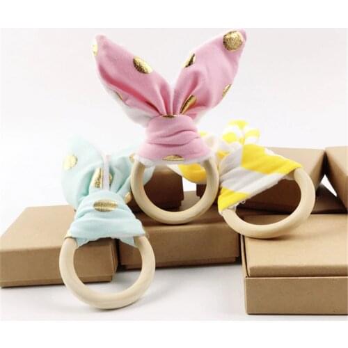 Baby Teether Ring Soft Bunny Ear Teether Natural Wooden Teether Ring Baby Grasping Toy Hand Bell Rattle Baby Toys BPA Free