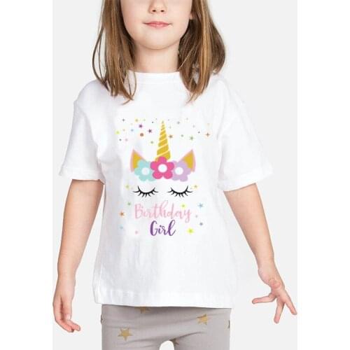 Happy Birthday Girl Unicorn Cartoon Print T-shirt Children Summer Short Sleeve Tops Kids Funny Present Baby T Shirt