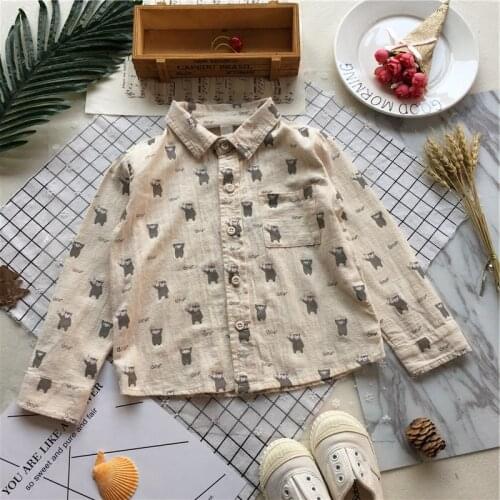 Tonytaobaby Spring New Boys and Girls Bear Print Cotton Lapel Long Sleeve Shirt Fashion Childrens Shirt