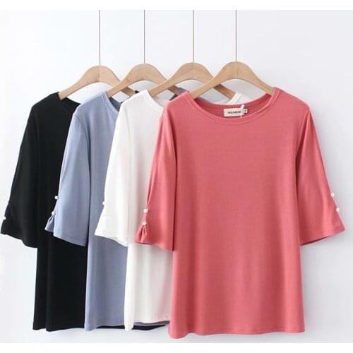Summer T-Shirt Women Clothes Tees 2021 Casual Plus Size Tops Pearl Half Sleeve Knitted Camiseta Mujer F71-7068