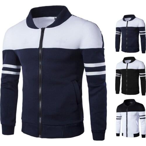 Men Autumn Winter Stripe Long Sleeve Zip Pockets Coat Color Block Varsity Jacket Coat Color Block Varsity Jacket