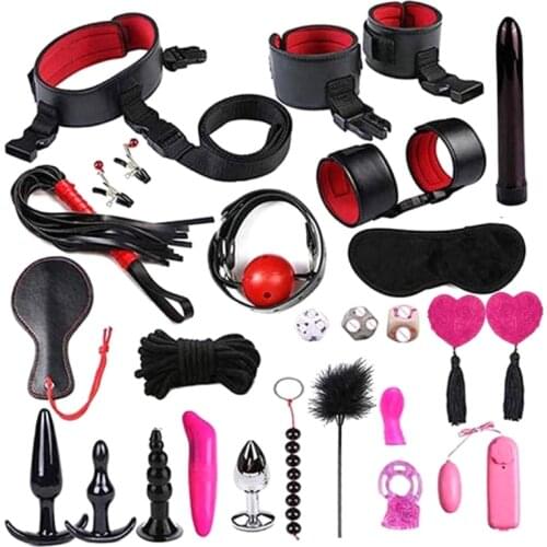 25Pcs Bed Bundled Set Fetish Nylon Leather Sexy Product Couples Slave Flirt SM Game Tools Kit Ankle Cuffs Nipple Clips Sex Toys