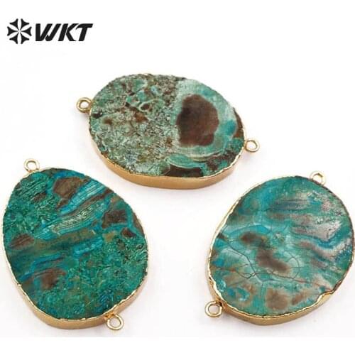 WT-P195 Oval Shape Natural Ocean Stone With Gold Trim Pendant Double Loops Green Stone Connector Wild Coast Jewelry