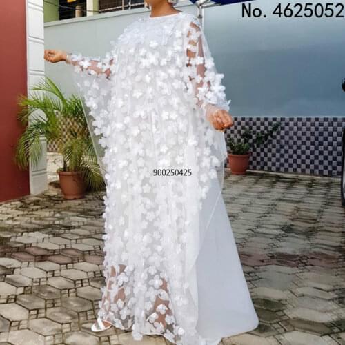 New African Dresses for Women Dashiki Lace Flower African Clothes Bazin Kaftan Boubou Robe Africain Dress Embroidery Long Dress