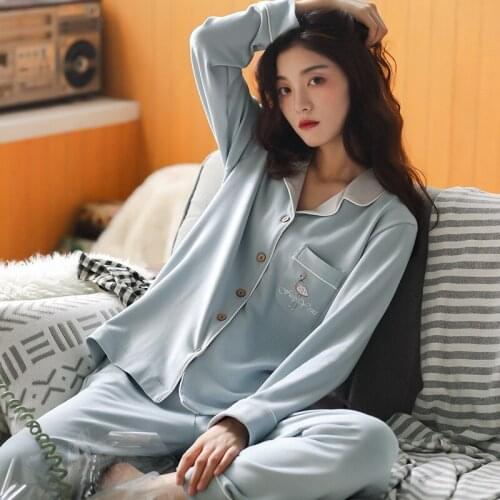 Pajamas for Women Cotton Autumn Pajamas Set Long Sleeve Lady Pyjamas Solid Color Cute Cartoon Sleepwear Plus Size Homewear Suit