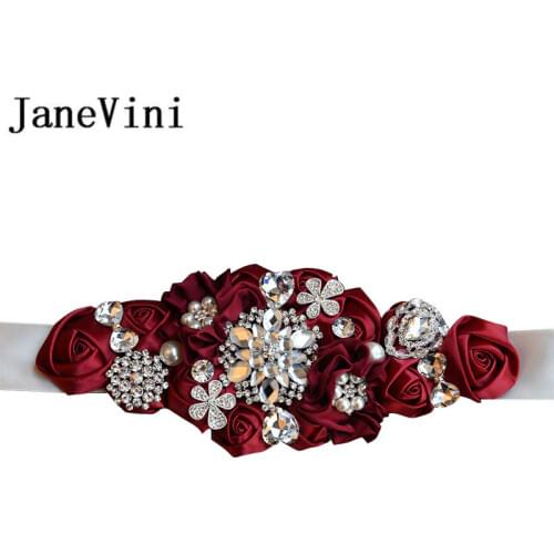 JaneVini 2018 Luxury Beaded Bridal Belts With Flowers Burgundy Bride Satin Roses Wedding Belt Crystal Rhinestone Sash Ribbons