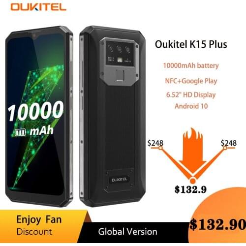 OUKITEL K15 Plus 10000mAh NFC Rugged Smart Phone 3GB RAM 32GB ROM 6.52" Cellphone Quad Core Android 10 Mobile Phones MT6761 13MP
