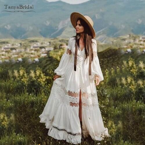Long Puff Sleeve Boho Wedding Dresses GYPSY Front Slit Charming Bridal Gowns Beach Vestido de Noivas DW598