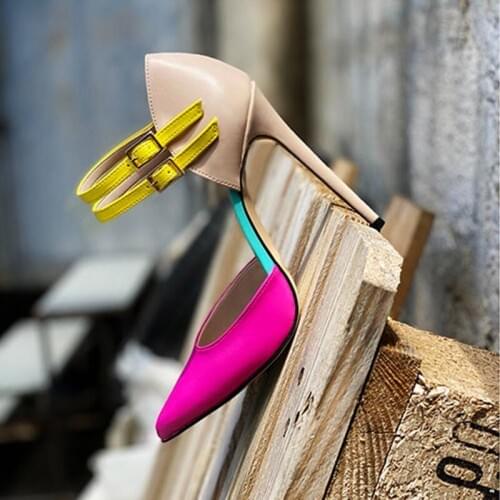 Sexy Multicolor Double Buckle Strap High Heel Pumps Pointed Toe Cut-out Stiletto Heels Patchwork Dress Shoes Big Size 10