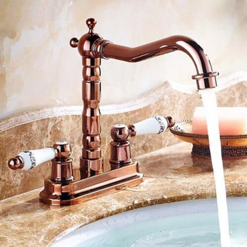 Vidric European Rose Gold Brass Deck Mounted Dual Ceramics Cross Handles Bathroom Vessel Sink Basin Faucet Swivel Mixer Tap