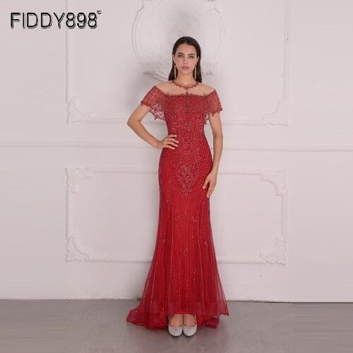 Wine Red Evening Dresses Long Heavy Beaded Formal Dress For Women Cap Sleeve Luxury Dubai Party Wear Prom2k20
